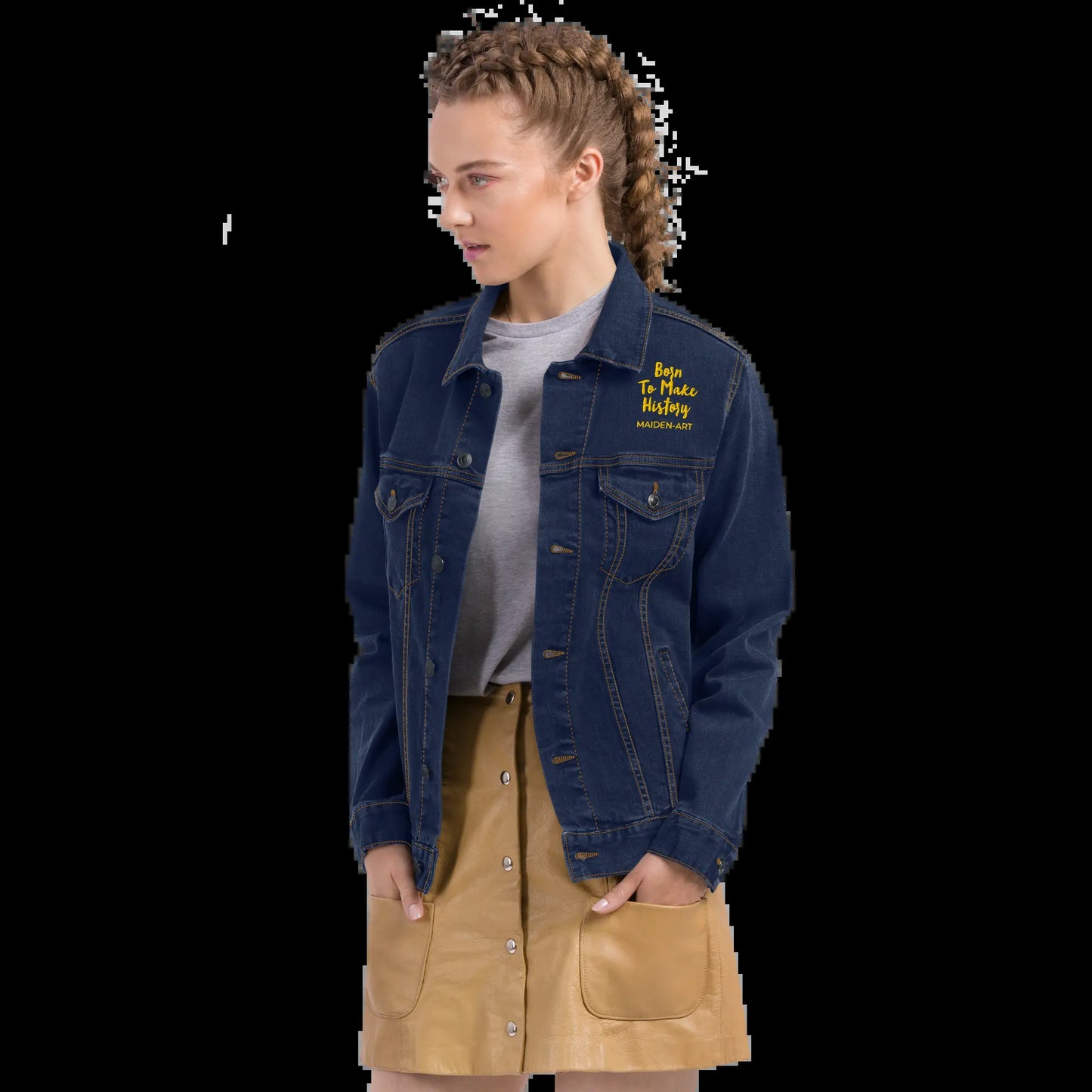 Unisex Denim Jacket with Gold Embroidery - "The Rebel Girl in Me Will Never Die" Design