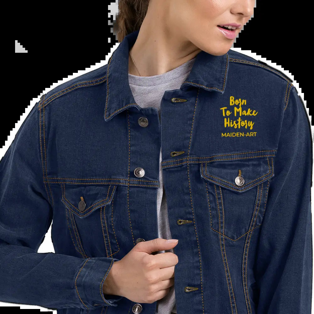 Unisex Denim Jacket with Gold Embroidery - "The Rebel Girl in Me Will Never Die" Design