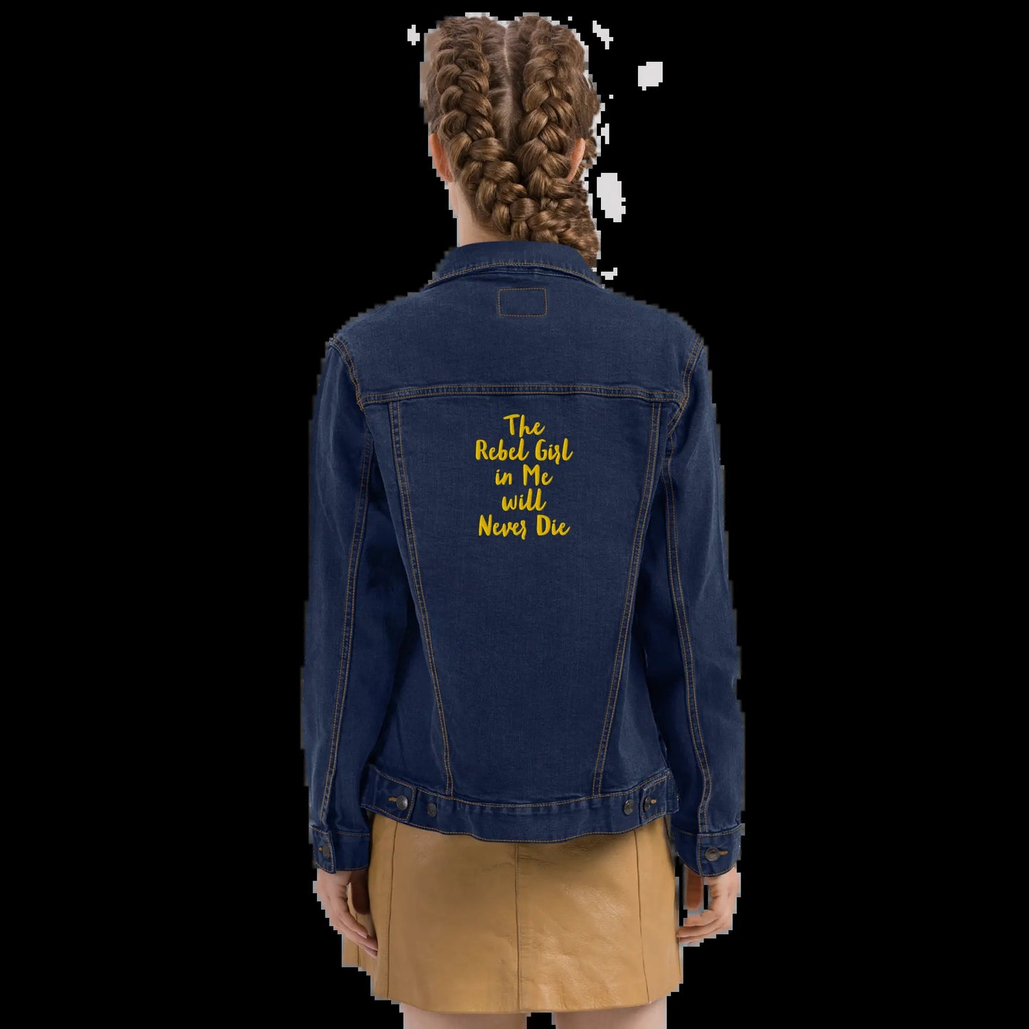 Unisex Denim Jacket with Gold Embroidery - "The Rebel Girl in Me Will Never Die" Design