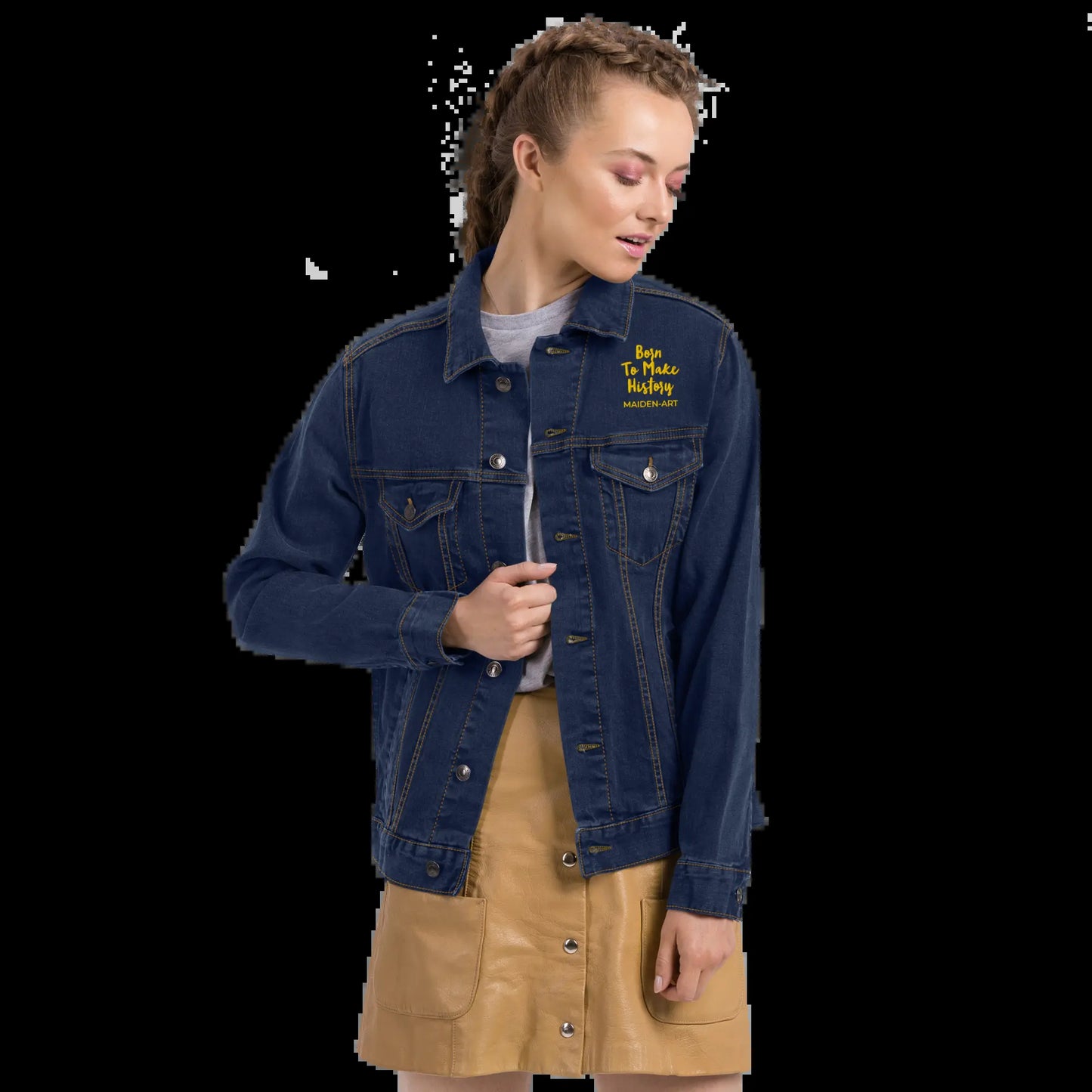 Unisex Denim Jacket with Gold Embroidery - "The Rebel Girl in Me Will Never Die" Design
