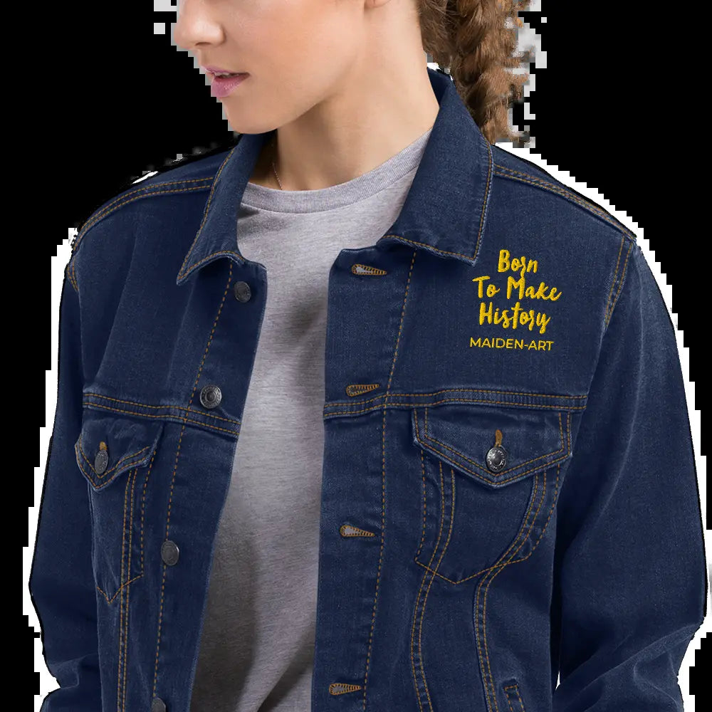 Unisex Denim Jacket with Gold Embroidery - "The Rebel Girl in Me Will Never Die" Design